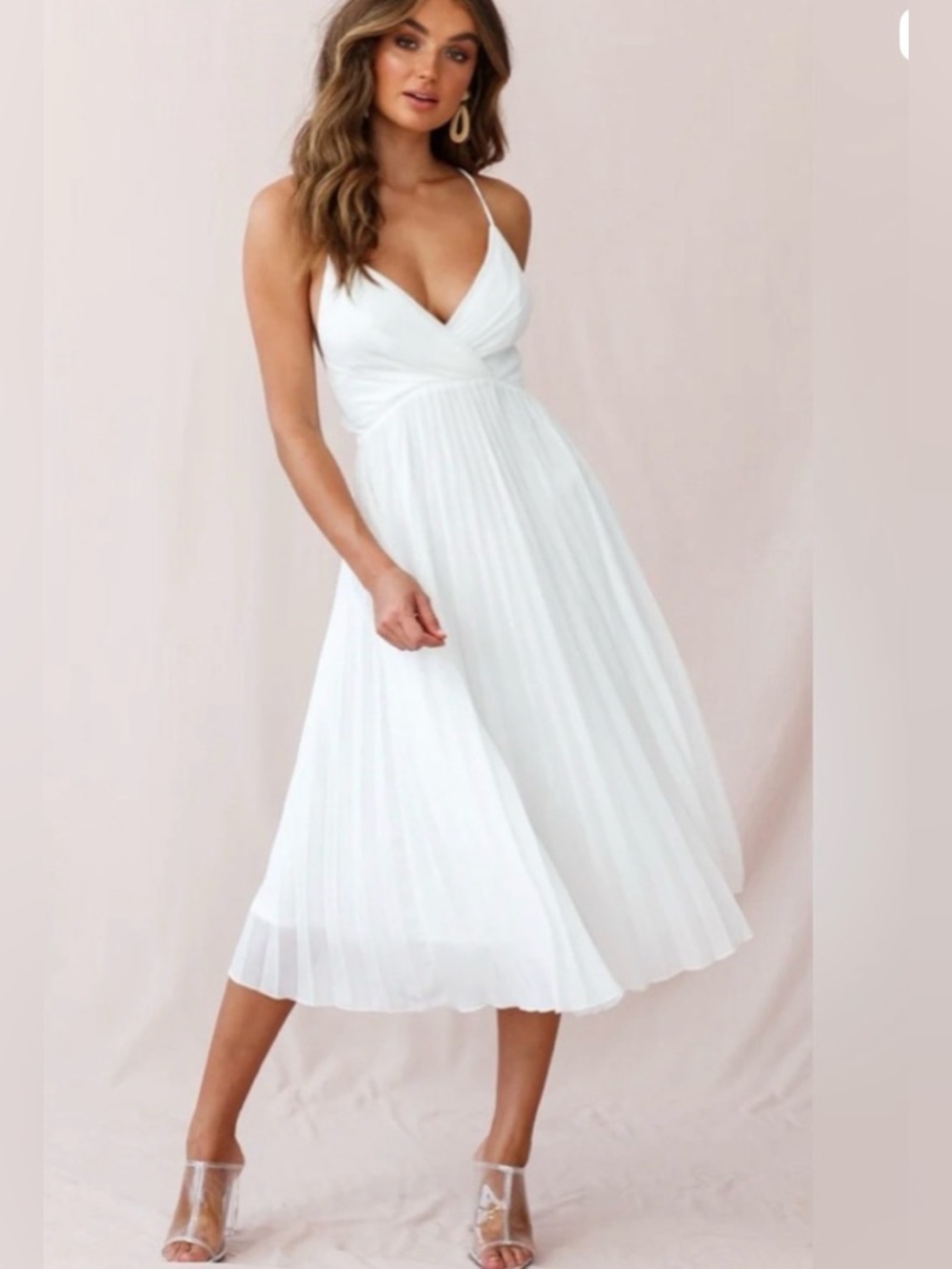 Selfie Leslie White accordion Pleated V-Neck Spaghetti-Strap Midi Dress Sz S